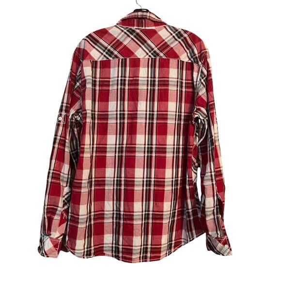 Helix Red Plaid Shirt Athletic Fit Roll L Tab Sleeves Embroidered Country Cherry - Picture 2 of 10